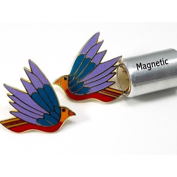 Laurel Burch "Celeste" Bird Earrings, Gold Plated Cloisonne Enamel, 1980s - Picture 4 of 10